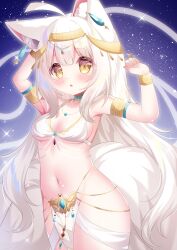 1girl animal_ear_fluff animal_ears arms_up blue_background blue_gemstone blush breasts cat_ears commentary_request cowboy_shot cowlick dancer gem hair_between_eyes hamiyamiko highres long_hair looking_at_viewer navel open_mouth original small_breasts solo stomach very_long_hair white_hair