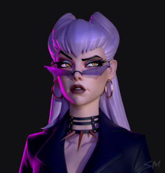 1girl black_suit breasts center_opening cleavage demon_girl earrings evelynn_(league_of_legends) formal_clothes glasses highres hoop_earrings jewelry k/da_(league_of_legends) k/da_all_out_evelynn league_of_legends long_hair necklace ponytail smedvedeva solo suit the_baddest_evelynn white_hair yellow_eyes