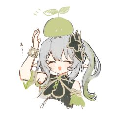 Rule 34 | 1girl, bare shoulders, detached sleeves, genshin impact, gold trim, green hair, green sleeves, hair between eyes, hair ornament, highres, multicolored hair, nahida (genshin impact), open mouth, side ponytail, sleeveless, slime (genshin impact), solo, toke ino, white background, white hair