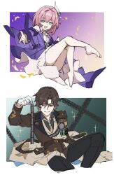 1boy 1girl absurdres bare_shoulders barefoot belt black_pants black_shirt blue_eyes blue_gemstone brown_belt brown_hair brown_jacket buttons clenched_hand clothes_down collared_shirt cyrene_(honkai:_star_rail) diamond-shaped_pupils diamond_(shape) dress film_strip full_body gem gloves gold_necklace gradient_background green_background grey_hair hair_between_eyes hair_ribbon hand_up hands_up highres holding honkai:_star_rail honkai_(series) jacket jewelry lapels leg_up long_sleeves mr._reca_(honkai:_star_rail) multicolored_hair necklace necktie open_clothes open_jacket open_mouth pants papajay_(jennygin2) partially_fingerless_gloves pink_hair pink_pupils purple_background purple_jacket red_eyes ribbon shirt short_hair simple_background sitting sleeveless sleeveless_dress smile sparkle sparkle_background streaked_hair symbol-shaped_pupils teeth v-shaped_eyebrows vest white_dress white_gloves white_hair white_ribbon white_vest wide_sleeves yellow_necktie