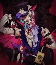 Rule 34 | 1boy, alcohol, beard, black gloves, black hat, blue eyes, blue hair, blue vest, bottle, cup, drinking glass, facial hair, fangs, gavis bettel, gloves, grey hair, hat, heterochromia, highres, holding, holding cup, holostars, holostars english, long sleeves, multicolored hair, phantom (gavis bettel), pink eyes, pink hair, pokeparkfan, red wine, shirt, short hair, stained clothes, top hat, vest, virtual youtuber, white shirt, wine, wine bottle, wine glass