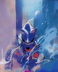 1boy animal_ears animal_nose armor black_sclera blending blue_armor colored_sclera full_body hedgehog_boy highres humanoid_robot klemt_mandra looking_at_viewer male_focus metal_sonic pointy_nose red_eyes robot smoke solo sonic_(series) standing