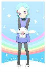 00s 1girl aqua_hair bad_id bad_pixiv_id blush child ecocube eka_eri eureka_(eureka_seven) eureka_seven eureka_seven:_pocket_ga_niji_de_ippai eureka_seven_(series) female_focus nirvash pantyhose pink_eyes rainbow short_hair smile solo