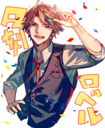 1boy :d ahoge black_hair black_vest brown_hair buttons character_name collared_shirt commentary_request confetti cropped_torso diagonal_stripes fangs hand_on_own_hip heterochromia highres holostars lapel_pin lapels long_sleeves looking_at_viewer male_focus mebaru mole mole_under_eye multicolored_hair necktie official_art open_mouth orange_eyes pocket_watch purple_eyes red_necktie shirt smile solo striped teeth translation_request upper_body vest virtual_youtuber watch white_background white_shirt yukoku_roberu