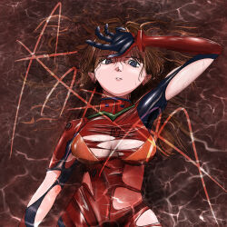 1girl arm_up artist_request blue_eyes bodysuit breasts brown_hair cowboy_shot curvy floating_hair gloves hair_between_eyes hair_down highres long_hair looking_at_viewer lying mecha_pilot_suit neon_genesis_evangelion on_back plugsuit_(evangelion) red_bodysuit shiny_clothes shiny_skin simple_background solo souryuu_asuka_langley torn_bodysuit torn_clothes wet wide_hips