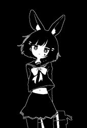 1girl animal_ears blunt_bangs bow greyscale high_contrast highres kurousagi_man looking_at_viewer midriff monochrome navel original rabbit_ears school_uniform serafuku short_hair skirt smile solo