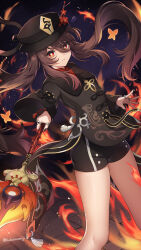 Rule 34 | 1girl, black hat, black nails, black shorts, brown eyes, brown hair, brown jacket, bug, butterfly, chinese clothes, commentary request, dutch angle, feet out of frame, fire, flower, flower-shaped pupils, genshin impact, hair between eyes, hako momiji, hat, hat flower, highres, holding, holding staff, hu tao (genshin impact), insect, jacket, jewelry, long hair, long sleeves, looking at viewer, multiple rings, nail polish, ring, short shorts, shorts, solo, staff, staff of homa (genshin impact), symbol-shaped pupils, twintails, twitter username, very long hair