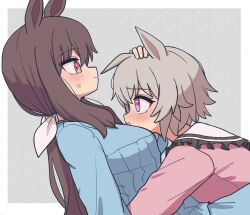 2girls admire_vega_(umamusume) animal_ears between_breasts blue_shirt breasts brown_hair closed_mouth commentary_request curren_chan_(umamusume) from_side grey_hair hair_ribbon hand_on_another&#039;s_head head_between_breasts head_on_chest highres horse_ears hug jin_(jinkwon1147) long_hair long_sleeves looking_at_another multiple_girls open_mouth pajamas pink_eyes pink_shirt profile purple_eyes ribbon shirt umamusume white_ribbon yuri