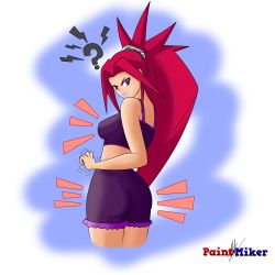Rule 34 | 1girl, ?, absurdres, angry, armpits, artist name, ass, back, blush, boyshort panties, breasts, camisole, capcom, chain, clenched hands, clenched teeth, collarbone, delinquent, embarrassed, eyelashes, female focus, full body, gradient background, highres, himezaki aoi, huge filesize, justice gakuen, legs, legs together, long hair, looking at viewer, looking back, mask, medium breasts, midriff, moero! justice gakuen, motion lines, neck, panties, parted bangs, ponytail, purple camisole, purple eyes, purple panties, red hair, shiny clothes, shiny skin, shiritsu justice gakuen, shoulder blades, sidelocks, spiked hair, standing, teeth, thighs, thighs together, trembling, turning head, underwear, underwear only, unworn clothes, unworn mask, very long hair, wide ponytail