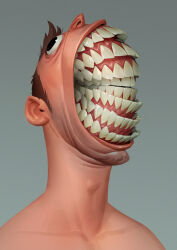 1boy adam&#039;s_apple black_eyes brown_hair commentary extra_mouth highres male_focus max_grecke nested_mouths nude original solo teeth xenomorph