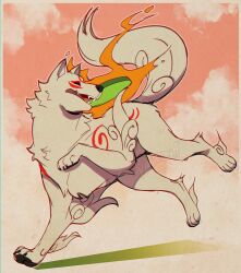 1girl amaterasu_(ookami) animal_ears claws commentary english_commentary fangs fire highres komoroshi ookami_(game) open_mouth pawpads tail tongue tongue_out watermark wolf_ears wolf_girl wolf_tail