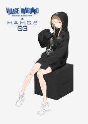 Rule 34 | 1girl, bare legs, black hoodie, blonde hair, copyright name, eyepatch, fanny pack, heavily armed high school girls, highres, hood, hood up, hoodie, long hoodie, neco, orange eyes, san (neco), shoes, sitting, sneakers, solo, village vanguard, white shoes