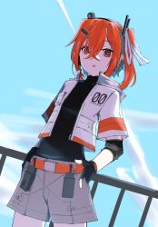 1girl a.i._voice absurdres adachi_rei adapted_costume belt belt_pouch black_shirt blue_sky cloud computer_chip contrail cowboy_shot cropped_jacket crossed_bangs day dutch_angle elbow_sleeve eye_trail fingerless_gloves gloves grey_shorts hair_between_eyes hair_ornament hair_ribbon hairclip hands_in_pockets headlamp headset highres hood hood_down hooded_jacket jacket joints lens_eye light_trail medium_hair one_side_up open_clothes open_jacket open_mouth orange_belt orange_eyes orange_hair outdoors pouch radio_antenna railing revision ribbon robot_joints shirt shirt_tucked_in short_sleeves shorts side_ponytail sky solo standing teckinder turtleneck utau white_jacket white_ribbon