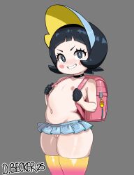 1girl artist_name backpack bag black_eyes black_gloves black_hair blush blush_stickers choker cowboy_shot dated dimitri_becker flat_chest functionally_nude gloves grey_background grin half_gloves loli looking_at_viewer matching_hair/eyes microskirt navel nintendo nipples no_panties pokemon pokemon_sv poppy_(pokemon) pussy randoseru short_hair simple_background skirt smile solo standing striped_clothes striped_thighhighs thighhighs topless_female