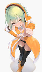 1girl absurdres ankle_boots bare_shoulders black_panties black_thighhighs blush boots breasts chunithm detached_sleeves fang from_above full_body green_hair groin hair_between_eyes hand_on_own_hip headphones highres kisaragi_yaya long_sleeves looking_at_viewer navel no_pants open_clothes open_mouth open_shirt orange_boots orange_eyes orange_headphones orange_shirt orange_sleeves panties pointing pointing_at_viewer ribbon shadow shirt short_hair signature simple_background sky_feather_(chunithm) sleeveless small_breasts socks solo standing sweat sweatdrop thigh_gap thighhighs thighs underwear white_background white_ribbon