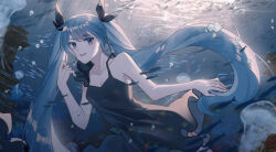 Rule 34 | 1girl, air bubble, architecture, bare arms, bare shoulders, black bow, black dress, blue eyes, blue hair, bow, breasts, bubble, castle, cleavage, collarbone, commentary, cowboy shot, dappled sunlight, dated commentary, dress, east asian architecture, eyelashes, floating clothes, floating hair, frilled straps, hair bow, happy, hatsune miku, highres, jellyfish, kirina zero, light rays, lipstick, long hair, makeup, open mouth, pale skin, pink lips, ruins, shinkai shoujo (vocaloid), sleeveless, sleeveless dress, smile, solo, spaghetti strap, sundress, sunlight, teeth, twintails, underwater, very long hair, vocaloid, wavy hair