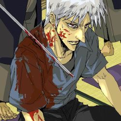 akagi akagi:_yami_ni_oritatta_tensai akagi_shigeru blood blood_on_clothes blood_on_face bloody_weapon fukumoto_mahjong lowres male_focus oekaki sitting solo_focus sword weapon