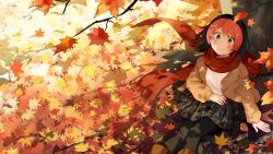 1girl against_tree arutea25 autumn autumn_leaves black_hair black_pantyhose black_skirt blush boots brown_boots brown_jacket closed_mouth colored_bangs feet_out_of_frame floating_scarf green_eyes hand_on_lap hand_rest highres jacket leaf long_sleeves looking_at_viewer miniskirt on_ground open_clothes open_jacket osu! outdoors pantyhose pink_hair pippi_(osu!) plaid_clothes plaid_skirt pleated_skirt red_scarf scarf second-party_source shirt short_hair sitting skirt smile solo tree white_shirt