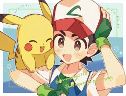 Rule 34 | 1boy, :d, ash ketchum, blue background, blue jacket, brown eyes, commentary, fingerless gloves, gen 1 pokemon, gloves, green gloves, green shirt, hand on headwear, happy, hat, highres, jacket, male focus, nintendo, open clothes, open jacket, open mouth, pikachu, pokemon, pokemon (anime), pokemon (classic anime), pokemon (creature), shirt, short hair, smile, star (symbol), sumeragi1101, tongue, twitter username