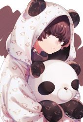 Rule 34 | 1boy, absurdres, animal ears, animal hood, brown eyes, brown hair, fake animal ears, highres, hood, hood up, hoodie, long sleeves, looking at viewer, male focus, hugging object, original, pale skin, panda, panda boy, solo, stuffed animal, stuffed toy, teddy bear, tsubaki tsubaru