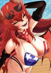 1girl absurdres american_flag american_flag_bikini american_flag_print bikini blue_sky breasts cleavage cloud day desert dragon_girl dragon_horns dragon_tail fingerless_gloves flag_print flag_print_bikini gloves highres horns indie_virtual_youtuber large_breasts long_hair looking_at_viewer multicolored_bikini outdoors print_bikini print_swimsuit red_hair sand sky smile solevisionarts solo standing star_(symbol) star_print swimsuit tail two-tone_bikini virtual_youtuber yellow_eyes zentreya zentreya_(cowboy_bikini) zentreya_(dragon)