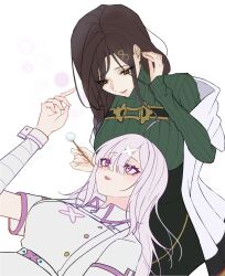 Rule 34 | 2girls, ahoge, blush, braid, breasts, brown hair, couple, eyes visible through hair, green sweater, grey hair, hair ornament, hair over one eye, highres, large breasts, long braid, long hair, looking at another, mole, mole under eye, multicolored hair, multiple girls, nijisanji, nurse, orange eyes, purple eyes, shirayuki tomoe, shirayuki tomoe (1st costume), shirt, single braid, smile, sugerrlily, sukoya kana, sukoya kana (1st costume), sweater, virtual youtuber, white hair, yuri