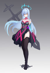 1girl absurdres bare_arms bare_shoulders black_dress blue_hair boots breasts brown_boots choker claymore_(sword) cleavage closed_mouth colored_skin dress expressionless floating_hair full_body halo halterneck highres holding_behind_back holding_weapon_behind_back long_hair looking_at_viewer lysh medium_breasts meryl_(tower_of_fantasy) orange_eyes pink_choker ribbon_choker side_slit sleeveless sleeveless_dress solo spaghetti_strap standing thigh_boots thighs tower_of_fantasy
