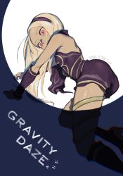 1girl bare_shoulders black_bodysuit blonde_hair bodysuit boots dark-skinned_female dark_skin gravity_daze high_heel_boots high_heels highres kitten_(gravity_daze) long_hair mossan351 red_eyes solo