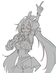 1girl :d ahoge anco_(platanity) asymmetrical_clothes blush chromatic_aberration closed_eyes crossed_bangs detached_sleeves feather_hair_ornament feathers fingernails greyscale hair_ornament highres holding holding_microphone hololive hololive_english hololive_idol_uniform_(color_rise) idol_clothes long_hair microphone midriff monochrome nanashi_mumei navel official_alternate_costume open_mouth pointing pointing_up ponytail puffy_detached_sleeves puffy_sleeves short_shorts shorts single_detached_sleeve smile teeth upper_teeth_only very_long_hair virtual_youtuber