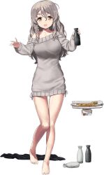 1girl barefoot bottle brown_eyes creature dress fish floating_hat full_body grey_dress grey_hair hair_between_eyes holding holding_bottle jiji_(aardvark) kantai_collection long_hair looking_at_viewer off-shoulder_dress off_shoulder official_alternate_costume official_art plate pola_(kancolle) pola_(saury_festival)_(kancolle) solo standing sweater sweater_dress thick_eyebrows tokkuri transparent_background