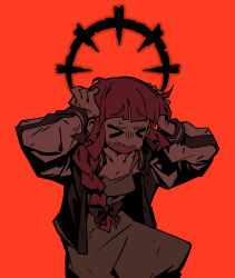 Rule 34 | &gt; &lt;, 1girl, absurdres, affliction (darkest dungeon), black bow, black jacket, blunt bangs, bocchi the rock!, bow, braid, closed eyes, darkest dungeon, dress, flat color, green dress, hair bow, hair over shoulder, hands on own head, highres, hiroi kikuri, jacket, letterman jacket, long sleeves, multicolored jacket, nervous, open clothes, open jacket, open mouth, purple hair, red background, sharp teeth, simple background, single braid, solo, sweatdrop, teeth, two-tone jacket, upper teeth only, waa153, white jacket