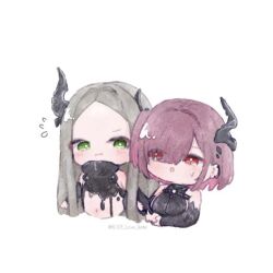 2girls above_cleavage_cutout alice_love_game black_gloves black_horns black_liquid blush breasts chest_belt elbow_gloves forehead four_beasts_(nikke) gloves goddess_of_victory:_nikke green_eyes grey_hair hair_intakes hair_over_one_eye horns leviathan_(nikke) liquid_clothes long_hair medium_hair mesugaki multiple_girls navel open_mouth pink_hair red_eyes short_hair sideboob single_horn very_long_hair white_background ziz_(nikke)