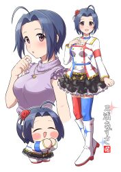 1girl :d ^_^ absurdres ahoge black_skirt blue_choker blue_hair blue_thighhighs blush blush_stickers boots chain character_name chibi chibi_inset choker closed_eyes curtained_hair eyelashes flower frilled_skirt frilled_sweater frills full_body gold_trim hair_flower hair_ornament highres idolmaster idolmaster_(classic) idolmaster_million_live! idolmaster_million_live!_theater_days jewelry long_sleeves looking_at_viewer mismatched_thighhighs miura_azusa multicolored_choker multiple_views necklace ngetyan official_alternate_costume open_mouth parted_bangs pink_eyes purple_sweater red_choker red_thighhighs short_hair signature skirt sleeveless sleeveless_sweater smile solo sparkle sparkle_print starpiece_memories_(idolmaster) sweater thighhighs turtleneck turtleneck_sweater upper_body white_background white_boots