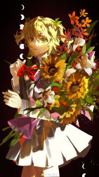 Rule 34 | 1girl, absurdres, black background, blonde hair, bouquet, bow, bowtie, chinese commentary, clenched hand, commentary request, cowboy shot, curled fingers, daiba nana, flower, flower request, green eyes, green ribbon, grey jacket, grey skirt, hair between eyes, hair ribbon, hand up, highres, holding, holding bouquet, jacket, long sleeves, looking ahead, miniskirt, moon phases, parted lips, pleated skirt, red bow, red bowtie, ribbon, school uniform, seishou music academy uniform, shoujo kageki revue starlight, sidelighting, skirt, solo, sunflower, two side up, watermark, weibo watermark, wu huo (nor020113)