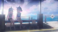 Rule 34 | 2girls, alternate costume, arona (blue archive), bare legs, barefoot, bikini, bikini skirt, black hairband, black sailor collar, black shirt, black shorts, blue archive, blue eyes, blue hair, blue halo, blue shirt, bow, colored inner hair, dawn, food, food in mouth, grey eyes, grey hair, hair ribbon, hairband, halo, highres, holding, holding food, holding popsicle, long hair, looking at another, multicolored hair, multiple girls, neckerchief, ocean, on bench, open mouth, pink hair, plana (blue archive), popsicle, popsicle in mouth, red halo, ribbon, sailor collar, shirt, short hair, shorts, sitting, swimsuit, two-tone hair, white bikini, white bow, white hairband, white neckerchief, white ribbon, white sailor collar, xin1