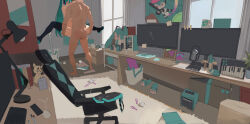 1boy 1girl aqua_hair arm_tattoo arms_up ass black_boots black_skirt black_sleeves boots box breasts cardboard_box carpet chair closed_eyes condom desk_lamp electric_guitar gen_7_pokemon glasses guitar hatsune_miku hetero indoors instrument lamp large_breasts lifting_person long_hair microphone mimikyu monitor office_chair pleated_skirt poster_(object) sex sitting skirt smewed standing standing_sex stuffed_toy swivel_chair tattoo thigh_boots twintails unworn_skirt used_condom very_long_hair vocaloid window