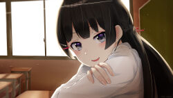 1girl black_hair blue_eyes braid chalkboard classroom crossed_arms desk from_side hair_ornament hair_ribbon hairclip half_up_braid highres indoors kiui_gunsou long_hair looking_at_viewer nijisanji open_mouth red_ribbon ribbon school_desk shirt smile solo tsukino_mito tsukino_mito_(1st_costume) upper_body virtual_youtuber white_shirt