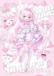 Rule 34 | 1girl, animal ears, asymmetrical footwear, blush, bow, breasts, cleavage, cleavage cutout, clothing cutout, dress, fishnet pantyhose, fishnets, frills, grey eyes, hair bow, hair ornament, headdress, heterochromia, highres, long hair, long sleeves, looking at viewer, medium breasts, mismatched footwear, momochi chia, one eye closed, open mouth, original, pantyhose, pink bow, pink dress, pink eyes, pink hair, ribbon, shoes, single leg pantyhose, single thighhigh, smile, solo, thighhighs, white dress, white thighhighs