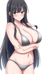 1girl artist_name bikini black_hair blue_eyes blunt_bangs blush breasts closed_mouth collarbone commentary_request cowboy_shot crossed_arms grey_bikini groin highres ikaruga_(senran_kagura) large_breasts light_frown long_hair looking_at_viewer navel senran_kagura simple_background strap_gap surippa1010 swimsuit very_long_hair white_background