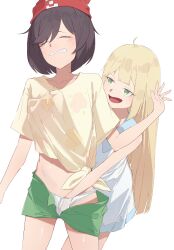 2girls :d ahoge beanie black_hair blonde_hair blush bow bow_panties clenched_teeth closed_eyes collarbone dress female_focus fingernails floral_print floral_print_shirt front-tie_top green_eyes green_shorts groping hanamaru_sensei hand_in_panties hand_under_clothes hand_under_shirt hat kodomo_doushi lillie_(pokemon) loli long_hair molestation multiple_girls nintendo open_mouth panties pokemon pokemon_sm reach-around red_hat selene_(pokemon) shirt short_hair shorts simple_background smile standing teeth underwear unzipped very_long_hair white_background white_dress white_panties yellow_shirt yuri