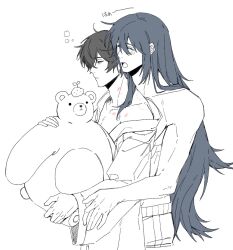 Rule 34 | 2boys, bags under eyes, bite mark, black hair, closed eyes, closed mouth, cowboy shot, hair down, hand on another&#039;s arm, hickey, highres, holding, holding stuffed toy, hong lu (project moon), limbus company, long hair, long sleeves, male focus, multiple boys, off shoulder, open mouth, project moon, pudding 1106, robe, short hair, stuffed animal, stuffed toy, tears, teddy bear, topless male, wide sleeves, yaoi, yawning, yi sang (project moon)