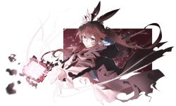 1girl amiya_(arknights) amiya_(medic)_(arknights) animal_ears arknights artist_name black_coat blue_eyes brown_hair coat floating_headgear headgear highres hood hood_down hooded_coat long_hair long_sleeves magic ochiyo_(ho_ro103) ponytail rabbit_ears rabbit_girl solo twitter_username upper_body