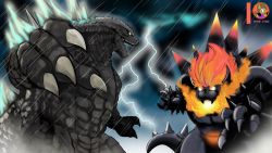 artist_logo artist_name bad_id bad_pixiv_id bowser breath_weapon breathing_fire crossover dinosaur dragon english_text fire fury_bowser godzilla godzilla_(series) highres kaiju koopa lightning lightning_bolt_symbol logo mario_(series) nintendo rain succubi_samus super_mario_3d_world toho turtle