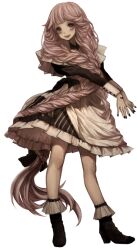 Rule 34 | 1girl, ankle boots, apron, black boots, black bow, black dress, black nails, boots, bow, braid, dress, fingernails, frilled dress, frills, front braid, full body, hair bow, hand tattoo, long hair, long sleeves, looking at viewer, maid, open mouth, original, pink hair, sakauchi waka, simple background, smile, solo, standing, tattoo, very long hair, white apron, white background