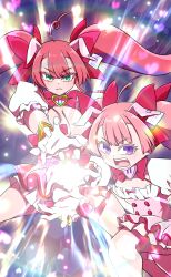 2girls bow dress mahjong_fight_girl mitsumoto_cocoa mitsumoto_dia multiple_girls pink_bow pink_dress pink_hair twintails