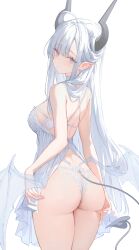 Rule 34 | 1girl, ahoge, ass, babydoll, black horns, breasts, clothing cutout, commentary, criss-cross back-straps, demon girl, demon horns, demon tail, demon wings, from behind, grey hair, highres, horns, lace, lace-trimmed panties, lace trim, large breasts, long hair, looking at viewer, low wings, median furrow, nekojira, original, panties, pointy ears, sideboob, simple background, solo, symbol-only commentary, tail, tail through clothes, thea (nekojira), underwear, very long hair, white babydoll, white background, white hair, white panties, wings