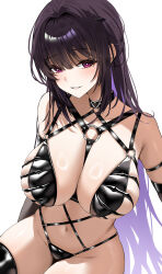 1girl absurdres black_choker black_hair black_thighhighs breasts choker goddess_of_victory:_nikke heart heart_choker highres large_breasts long_hair looking_at_viewer mihara_(bonding_chain)_(nikke) mihara_(nikke) multicolored_hair murding navel parted_lips purple_eyes purple_hair revealing_clothes simple_background solo stomach thighhighs two-tone_hair very_long_hair white_background