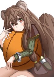 1girl absurdres animal_ear_fluff animal_ears ball brown_dress brown_hair child commentary_request dress eyelashes green_dress hair_between_eyes highres hugging_object knife_sheath layered_dress long_hair long_sleeves looking_at_viewer metal_hair_tubes metal_wrist_cuffs micon raccoon_ears raccoon_girl raccoon_tail raphtalia red_eyes sheath short_sleeves simple_background sitting smile solo tail tate_no_yuusha_no_nariagari variant_set white_background