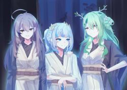 3girls antlers blue_eyes brown_hair ceres_fauna flower force_ghost forest gawr_gura ghost green_hair hair_flower hair_ornament highres hololive hololive_english horns jedi long_hair multicolored_hair multiple_girls nanashi_mumei nature smile star_wars streaked_hair virtual_youtuber yellow_eyes zull