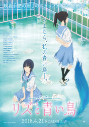 Rule 34 | 2girls, absurdres, arms behind back, between legs, black hair, black socks, blue eyes, blue neckerchief, blue sailor collar, blue skirt, blush, body blush, day, grey footwear, hand between legs, hibike! euphonium, highres, kasaki nozomi, key visual, kneehighs, liz to aoi tori, logo, long hair, looking at viewer, multiple girls, neckerchief, nishiya futoshi, official art, outdoors, parted lips, partially translated, pink eyes, pleated skirt, ponytail, print sailor collar, print skirt, promotional art, reflective floor, rooftop, sad, sailor collar, school uniform, seiza, shirt, shoes, sitting, skirt, smile, socks, standing, translation request, uwabaki, white shirt, yoroizuka mizore